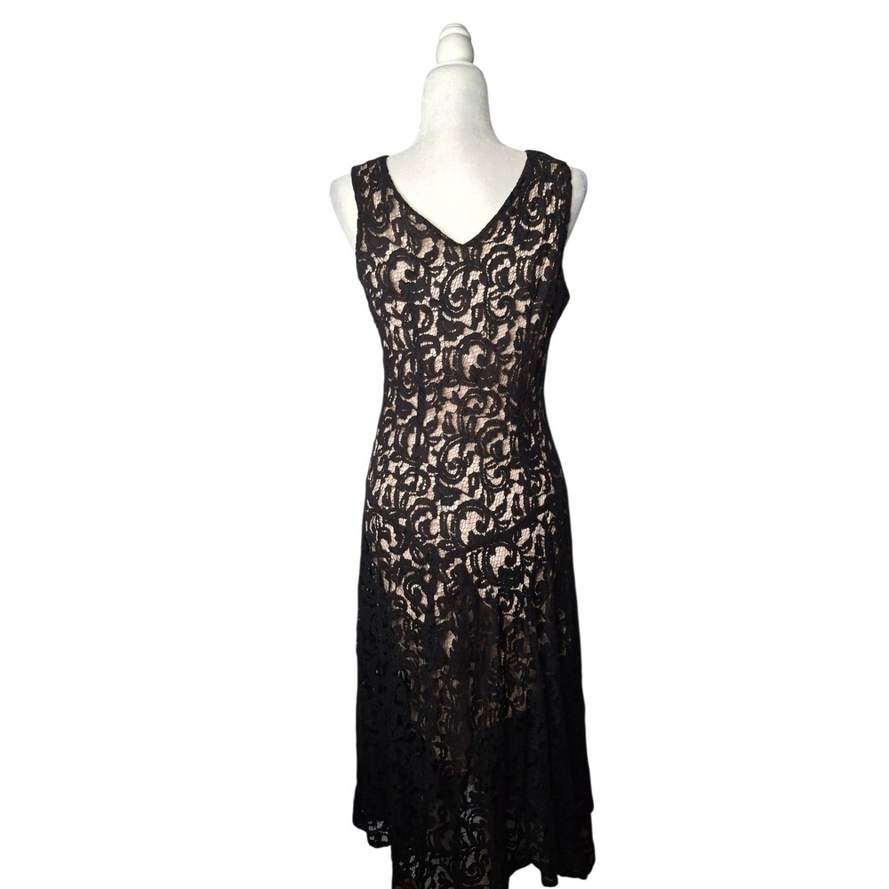 K Studio Collection Black Lace Surplice V-Neck Midi Dress Nude Lining Size 12 - Picture 4 of 16